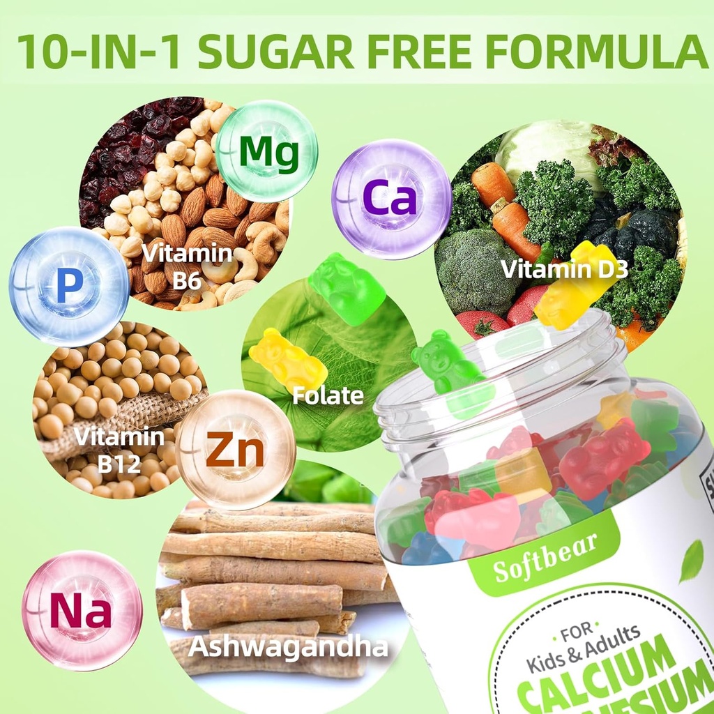 softbear Calcium Magnesium Zinc Gummies for Women, Calcium Magnesium Supplement with Vitamin D3 for Bone Strength, Vegan, Sugar-Free, Mixed Fruit Flavor 60 Count 4