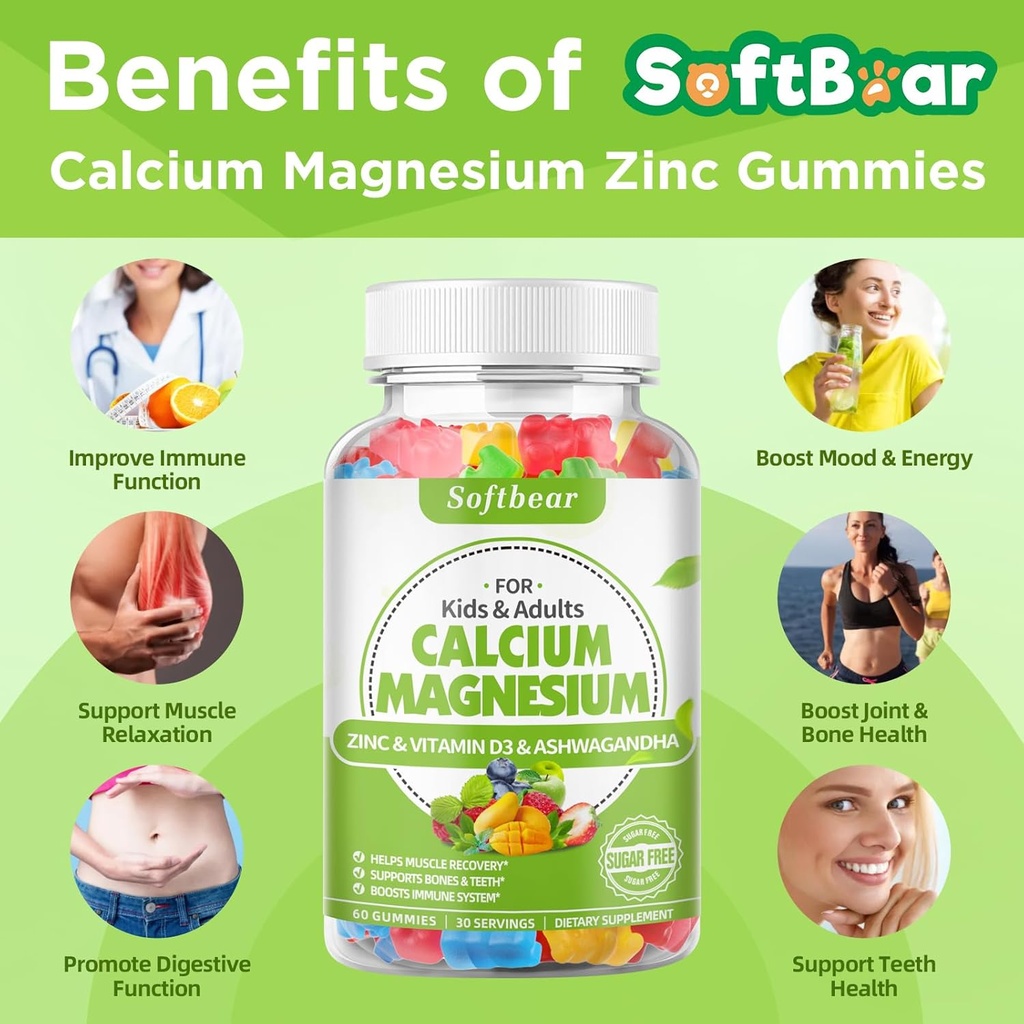 softbear Calcium Magnesium Zinc Gummies for Women, Calcium Magnesium Supplement with Vitamin D3 for Bone Strength, Vegan, Sugar-Free, Mixed Fruit Flavor 60 Count 5