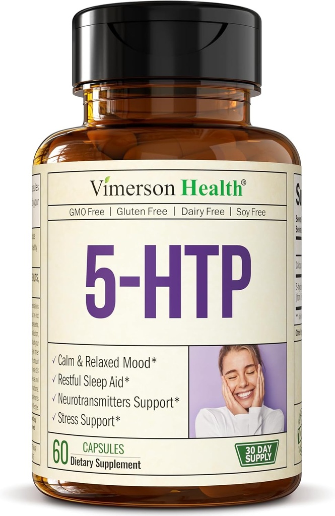 5HTP Serotonin Supplements for Women & Men. Sleep Aid & Occasional Stress Support - 5 HTP Plus Supplement 200 mg with Calcium for Sleep, Calm Mood, & Neurotransmitter Support. 60 Capsules made in USA 2