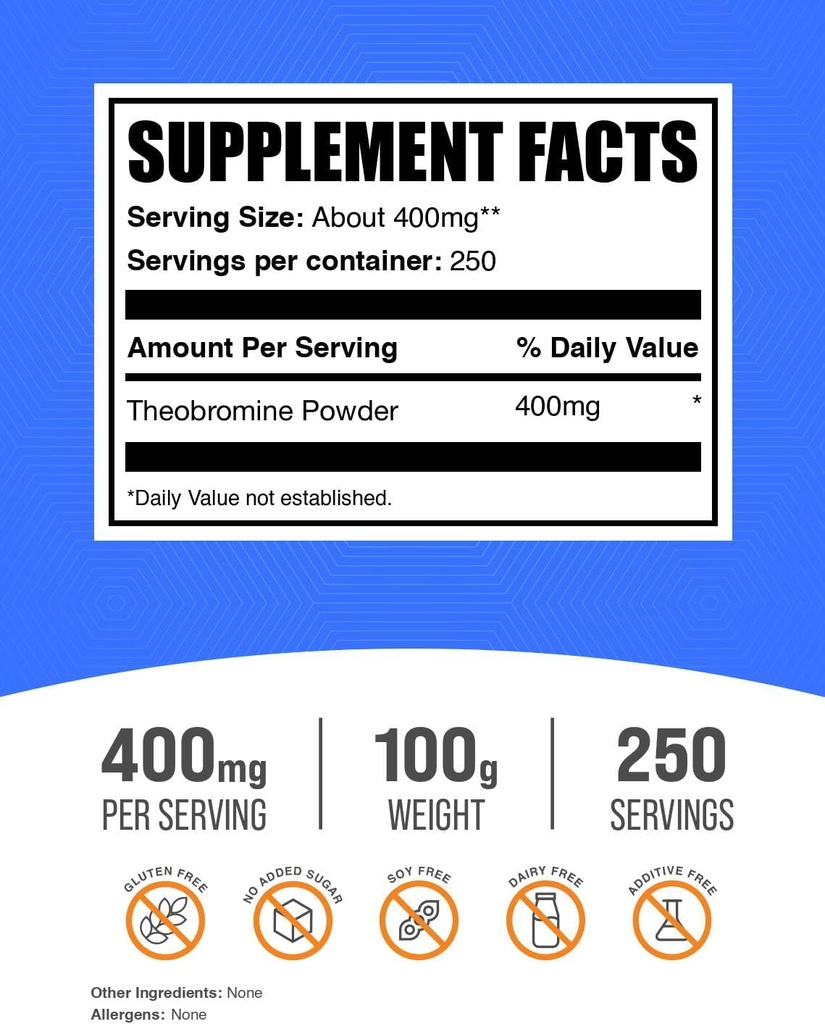 BulkSupplements.com Theobromine Powder - Theobromine Supplement, Nootropic Supplement - Energy Support, Gluten Free, 250 Servings, 100g (3.5 oz) (Pack of 1) 3