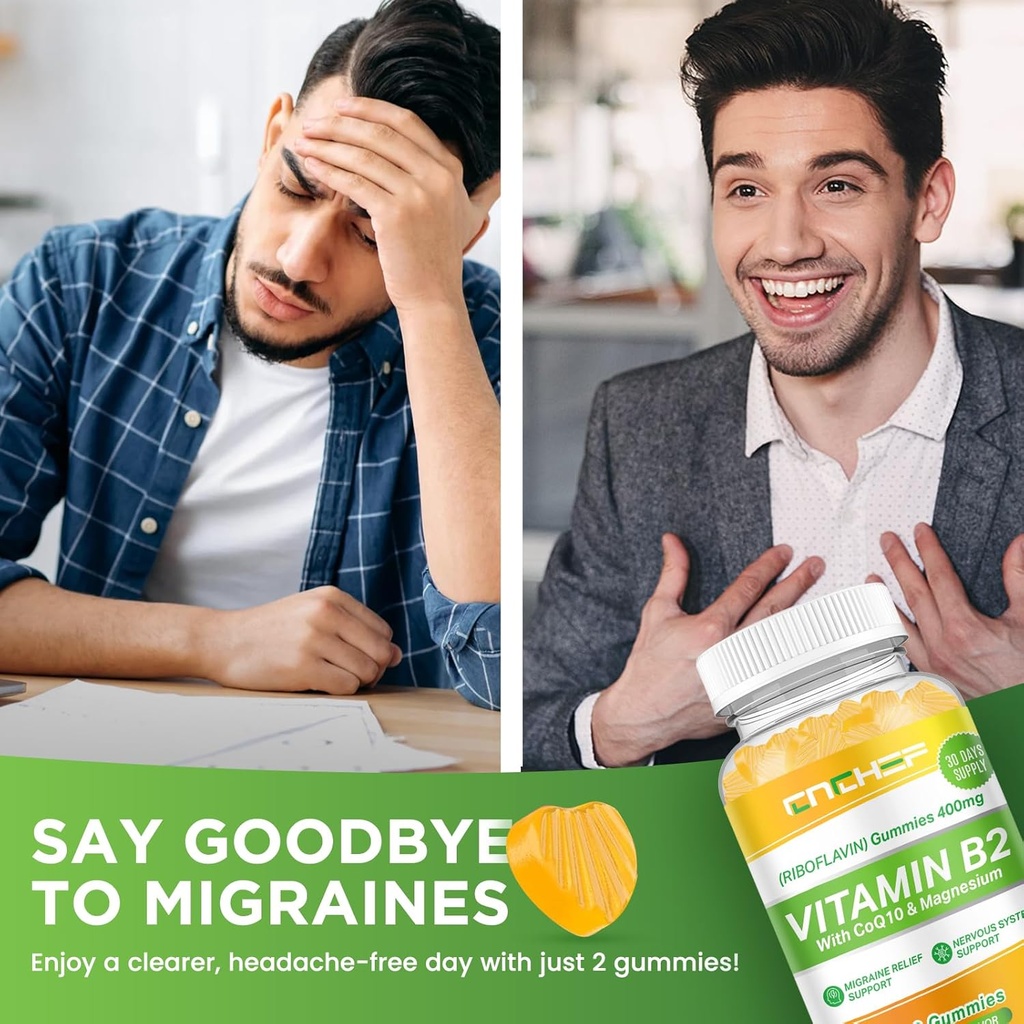 Vitamin B2 Gummies, Riboflavin 400mg Supplement with Magnesium Glycinate & CoQ10 for Adults & Kids, Support Migraine Relief & Nervous System, Boost Energy, Sugar Free Vegan B2 Gummies Lemon Flavor 6