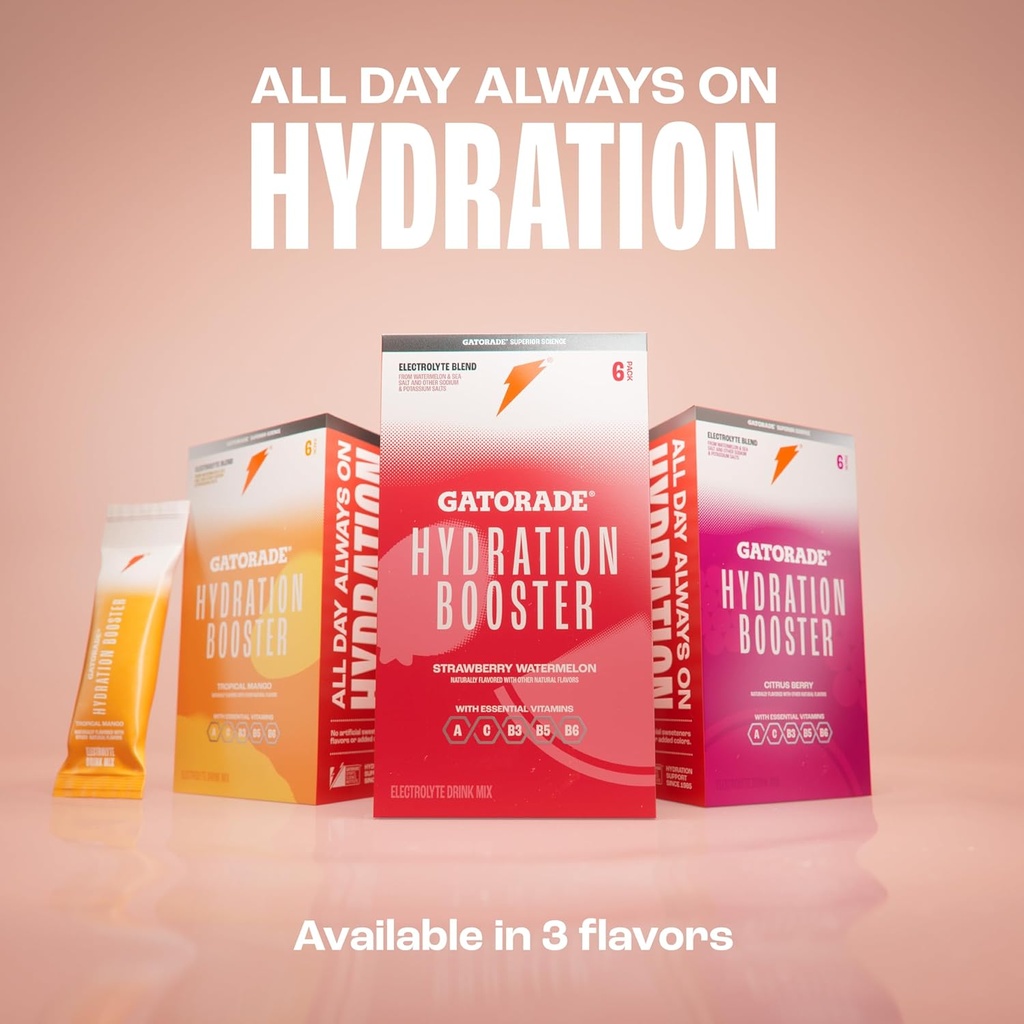 Gatorade Hydration Booster Electrolyte Drink Mix Powder Packets, Tropical Mango, Advanced Electrolyte Blend, No Added Colors, No Artificial Sweeteners, Essential Vitamins A, C, B3, B5, B6, Makes 20 Fl Oz, (6 Pack) 6