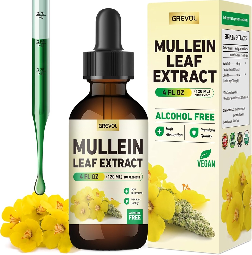 Mullein Drops for Lungs Supplement: Organic Mullein Leaf 30:1 Extract Tincture with Chlorophyll - Herbal Supplement Support Lung Cleanse & Respiratory Function - Non-GMO, Vegan - 4 Fl Oz 2