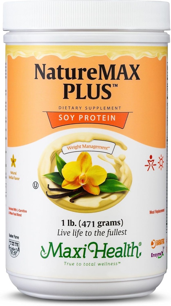 Maxi-Health NatureMAX PlusTM Energy Support Meal Replacement Drink Soy Protein Powder - Sugar Free Diet Supplement - 1 Lb - Natural Vanilla Flavor - Kosher Vitamin 2