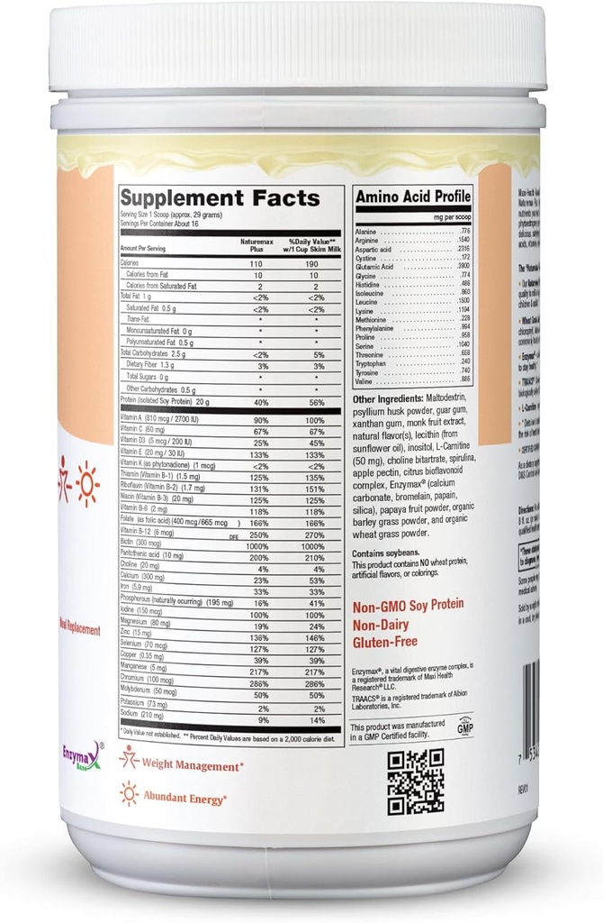 Maxi-Health NatureMAX PlusTM Energy Support Meal Replacement Drink Soy Protein Powder - Sugar Free Diet Supplement - 1 Lb - Natural Vanilla Flavor - Kosher Vitamin 3