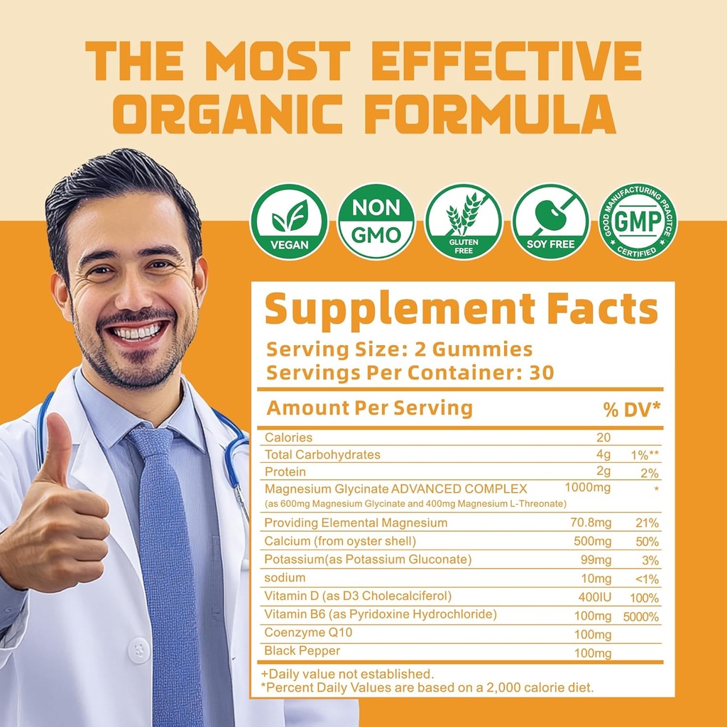 Magnesium Glycinate Gummies 1000mg - Sugar Free Magnesium Potassium Supplement with Vitamin D, B6, CoQ10 for Calm Mood & Sleep Support - 120 Orange Gummies. 5