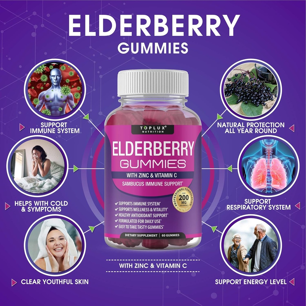 Elderberry Gummies with Zinc & Vitamin C – Sambucus Elderberry Gummy for Immune System Support, Natural Elderberry Extract Supplement for Adults Kids, Alternative to Capsules, Gluten Free, 60 Gummies 3