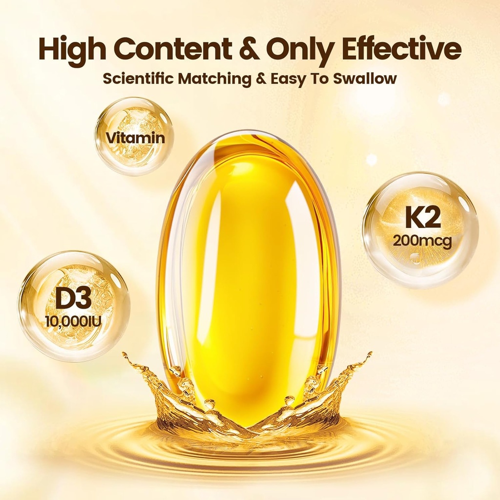 Vitamin D3 K2 10000 IU with MK7-300 Virgin Coconut Oil Softgels, 2 in 1 Vitamins D & K Complex | Vitamina D3 con K2 | Supports Calcium Absorption, Bone, Immune, & Heart Health – Easy to Swallow 4