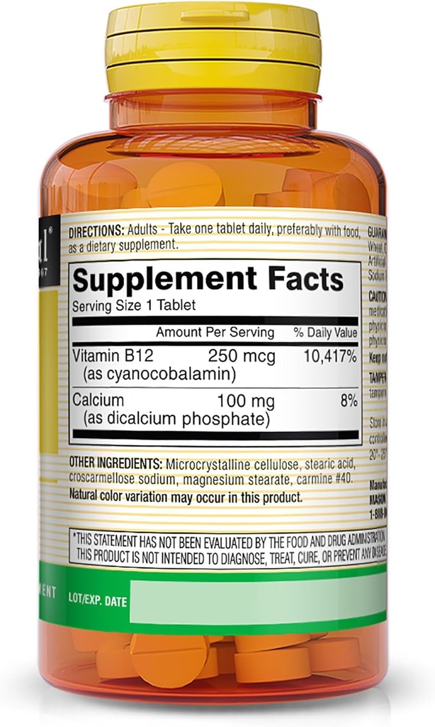 MASON NATURAL Vitamin B12 500 mcg with Calcium, Supports Energy & Nerve Health, 100 Tablets, Pack of 3 3