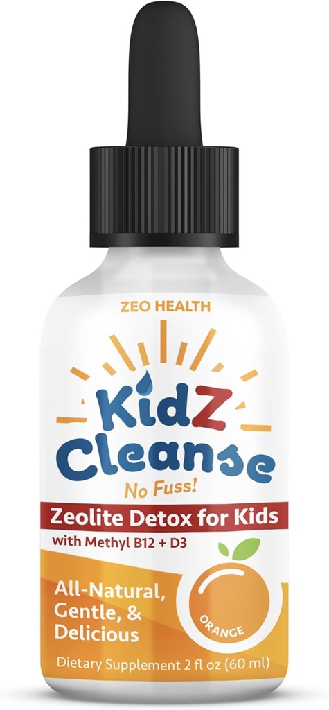 Kidz Cleanse | Zeolite Detox for Kids | Development, Behavior, Energy and Gut Health Support Supplement | Easy to Take, Pure Liquid Zeolite Drops + Methyl B12 + D3 (Orange Flavor) - 2oz 2