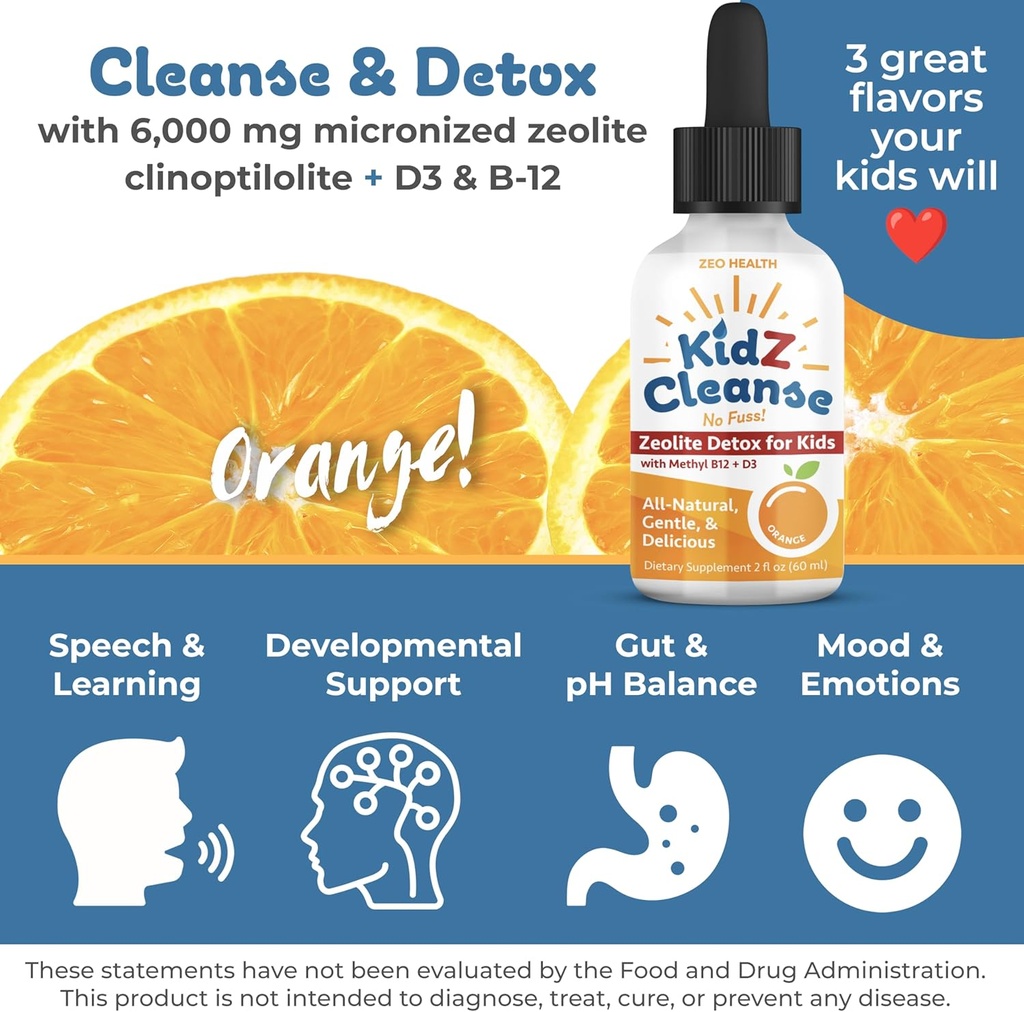 Kidz Cleanse | Zeolite Detox for Kids | Development, Behavior, Energy and Gut Health Support Supplement | Easy to Take, Pure Liquid Zeolite Drops + Methyl B12 + D3 (Orange Flavor) - 2oz 3