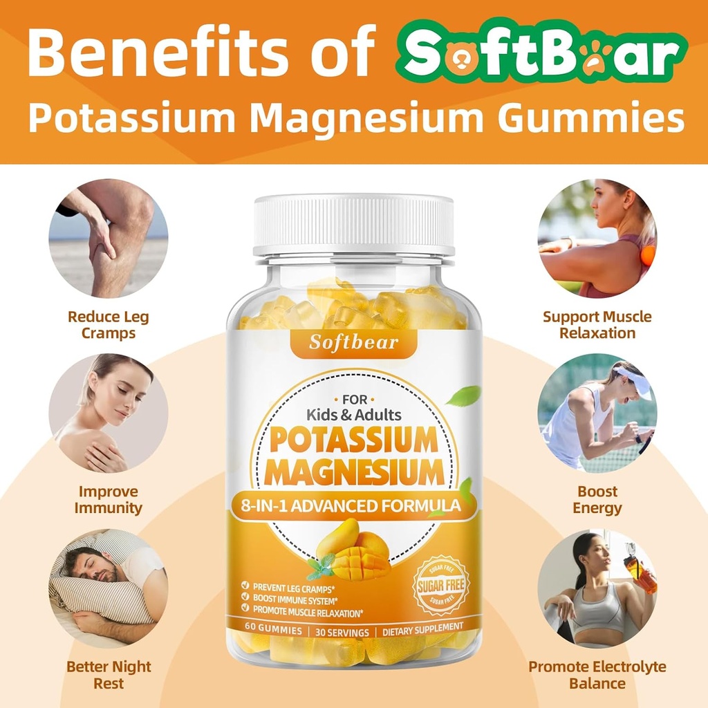 softbear Potassium Magnesium Gummies for Women, Calcium Magnesium Potassium Supplements with Vitamins Sugar-Free Potassium Citrate Gummies Support Muscle Health, Mango Flavor 60 Count 4