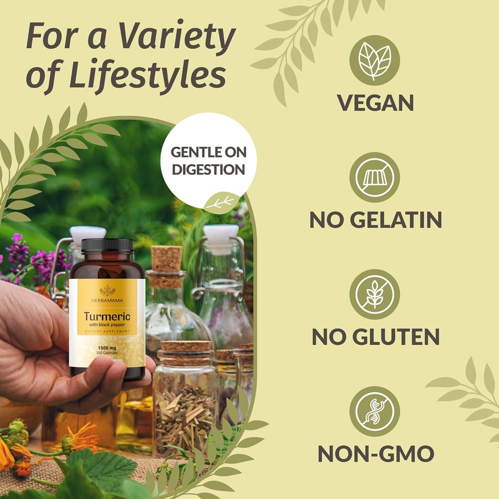 HERBAMAMA Curcumin Turmeric Capsules - 1500mg Curcuma Longa and Black Pepper Extract for Uric Acid & Digestive Support - Vegan, Non-GMO Turmeric Antioxidant Supplement, 250 Caps 6