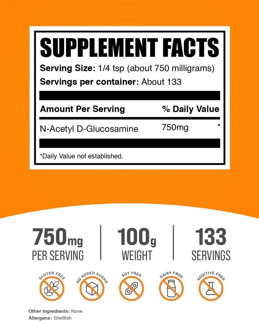 BulkSupplements.com N-Acetyl Glucosamine Powder - NAG Powder, Glucosamine 750mg, Nutritional Supplement - Gluten Free, 750mg of per Serving, 100g (3.5 oz) (Pack of 1) 3