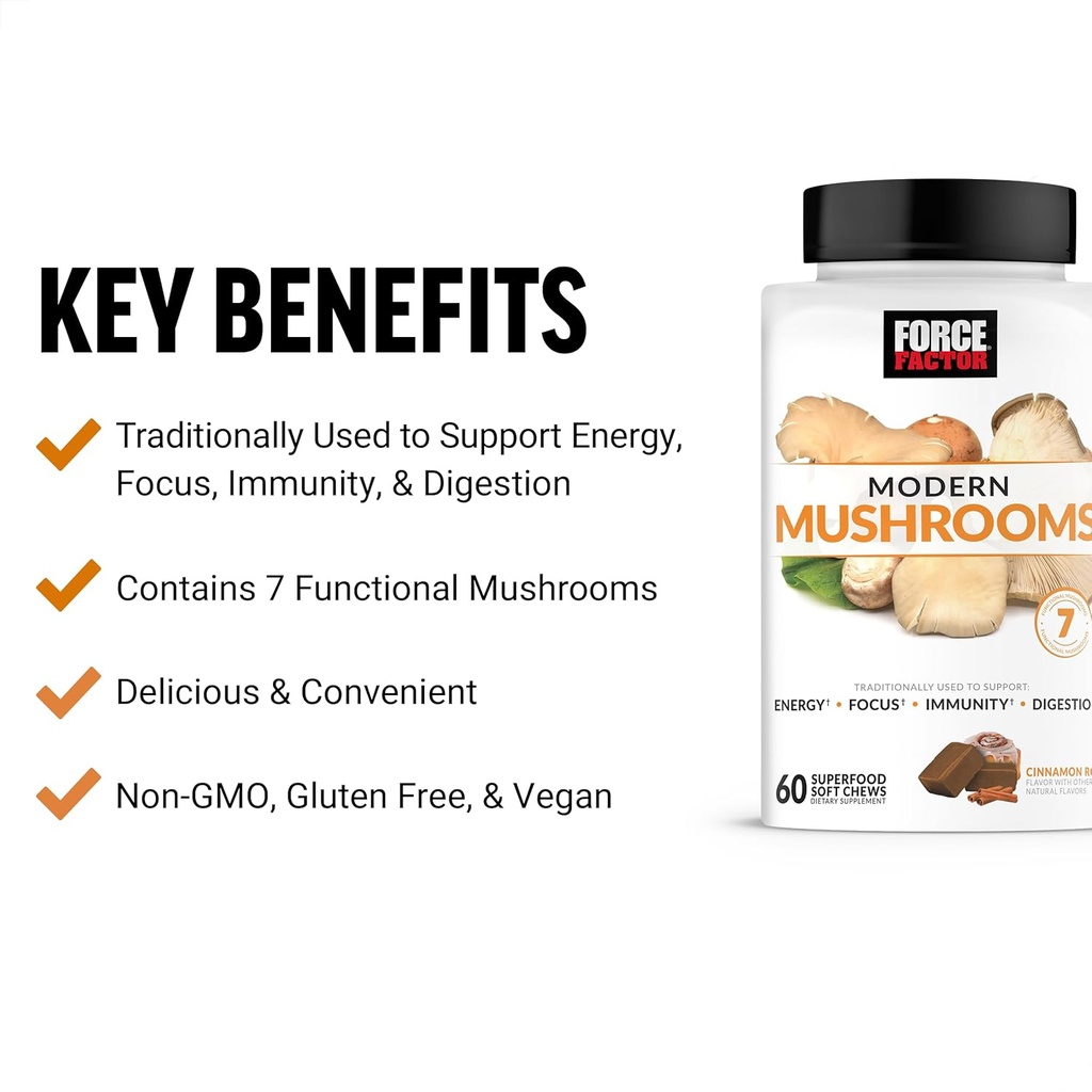 Force Factor Modern Mushrooms Soft Chews, Mushroom Supplement with Lions Mane, Turkey Tail, & Cordyceps to Support Energy, Immunity, & Digestion, Cinnamon Roll, 180 Soft Chews, 3-Pack 3