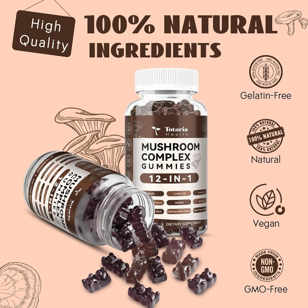 Mushroom Complex Gummies Supplements 12 Blend with Lions Mane Supplement Vegan Blend with Reishi, Cordyceps, Ashwagandha - Lion's Mane Mushroom Gummies for Adults Brain Booster, Immune Support, Energy 6