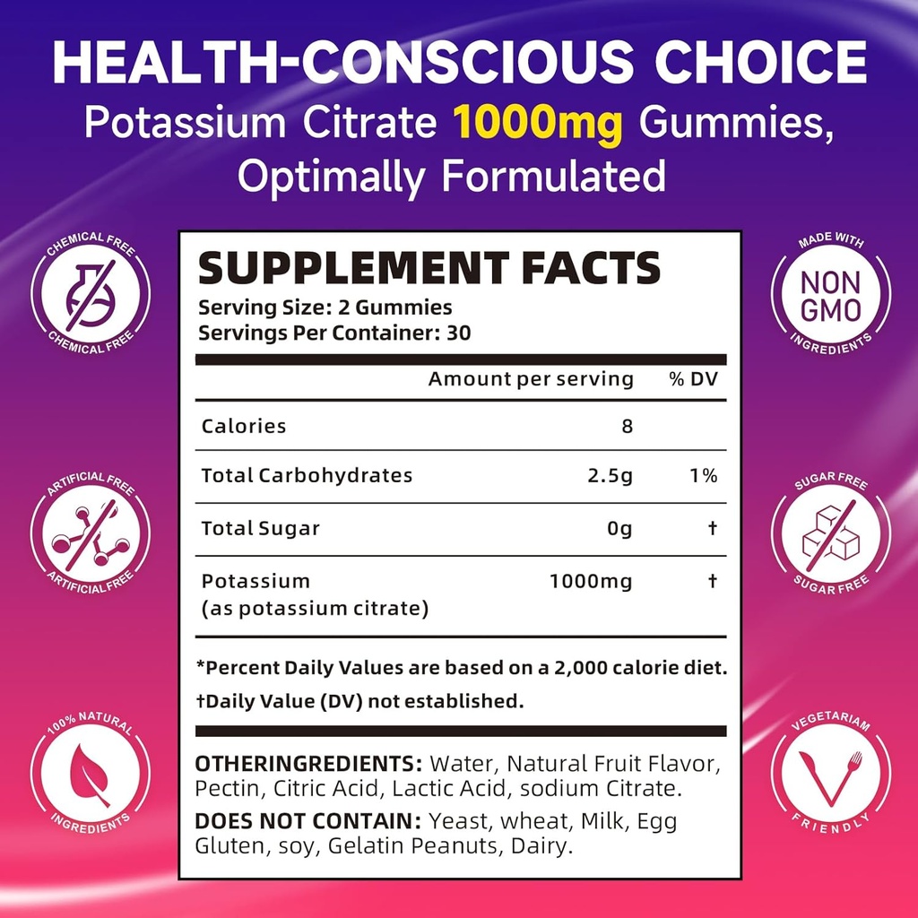 Potassium Citrate Gummies for Adults, Sugar-Free Potassium Gummies 1000mg Support Leg Cramps & Electrolyte Balance High Potency Potassium Supplement Gummies 120 Count 3