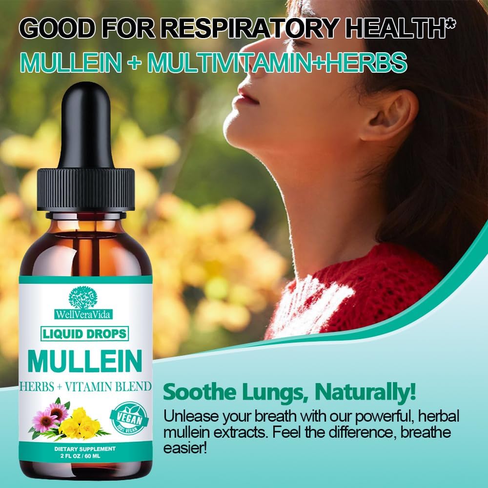 Mullein Drops for Lungs, Organic Mullein Leaf Extract w/Elderberry Echinacea Drops for Lung Health Mullein Leaf Tincture Alcohol Free - Lung Detox for Smoker Sinus Immunity & Respiratory Support 6