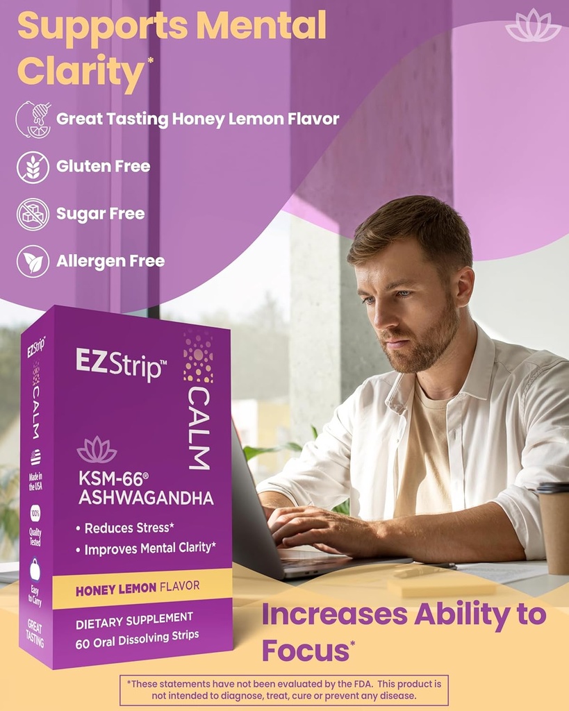Calm – KSM-66 Ashwagandha Oral Strips. Stress Relief and Focus Supplement. Honey Lemon Flavor. Sugar Free, Gluten Free, Allergen Free, Non-GMO. Made in USA in an FDA-Registered Facility. 60 Pk 4