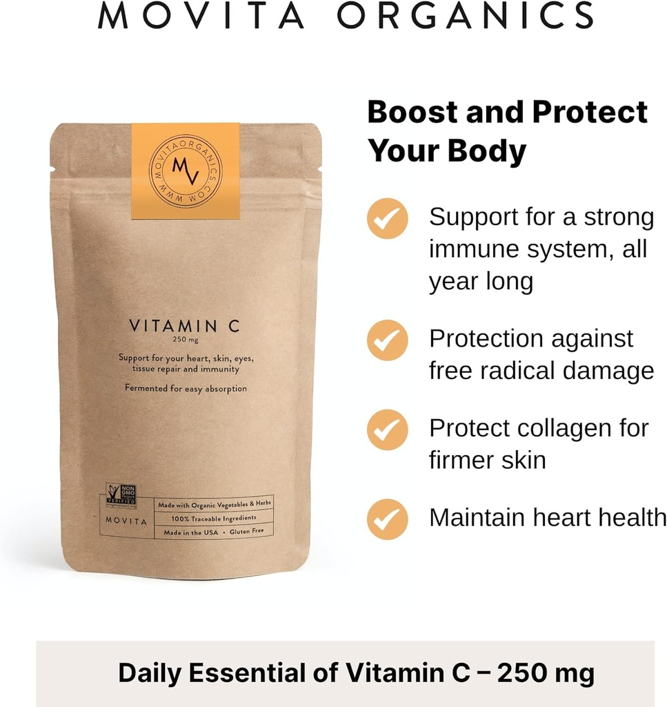 Movita Fermented Vitamin C 250mg – Immunity Booster, Antioxidant Protection, Aids Collagen Synthesis & Iron Absorption – Organic, Vegan, Gluten-Free, Non-GMO – 30-Day Supply (Eco-Friendly Pouch) 3