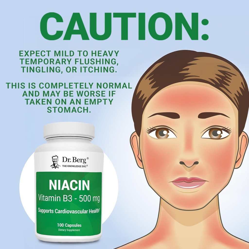 Dr. Berg Niacin 500mg with Flushing for Heart Health & Energy Support* - 100-Day Supply Vitamin B3 Niacin from Dr. Berg Recommended Nicotinic Acid - 100 Capsules 3