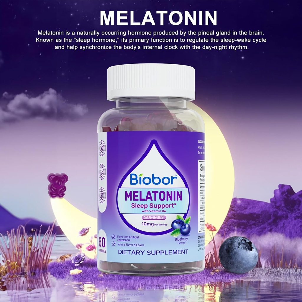 Natural Melatonin Gummy 10mg, Sleep Support Supplement Gummies Vegan Dietary with Vitamin B6 for Adult (Blueberry, 60 Count) 5