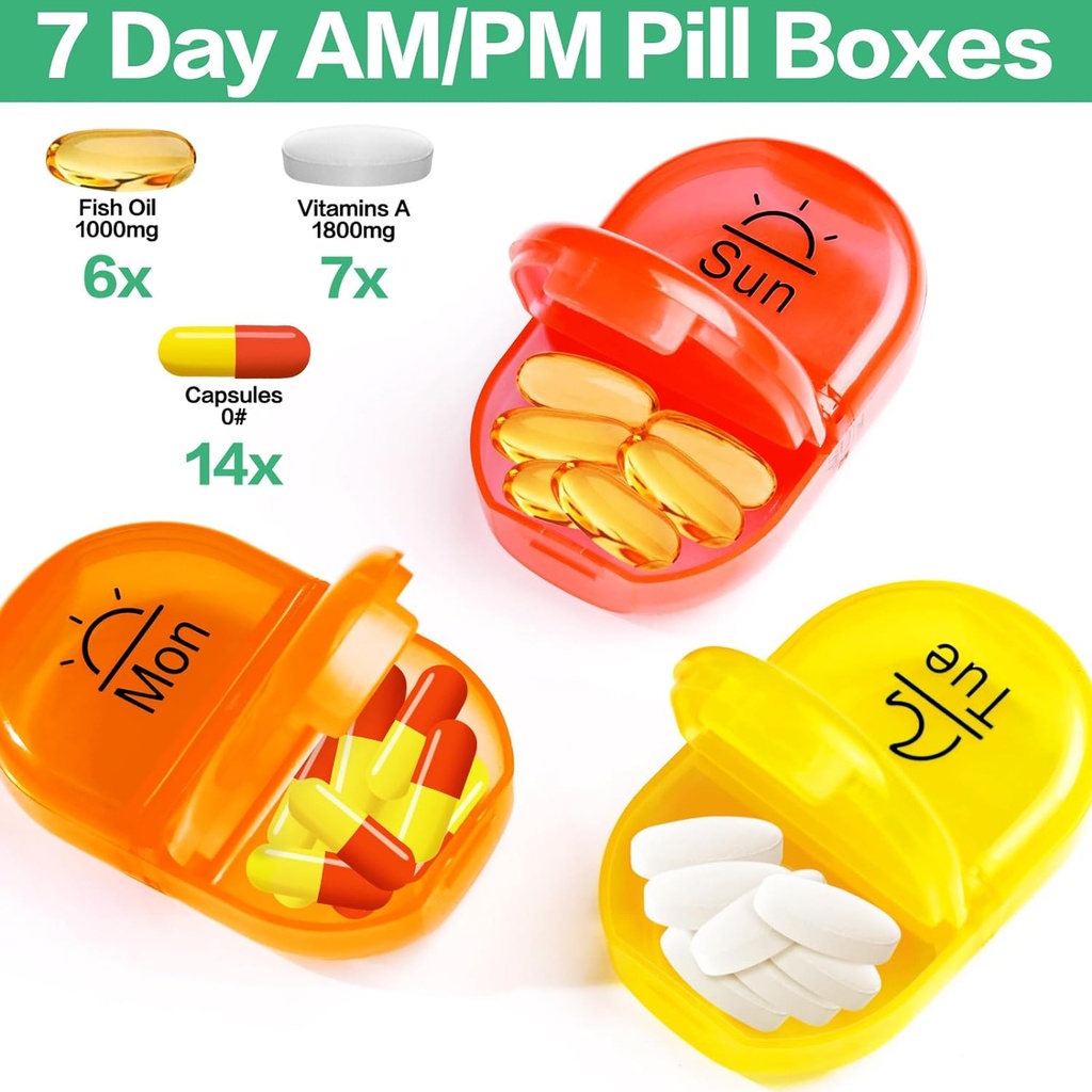 Serfeymi Weekly Travel Pill Organizer 2 Times A Day AM PM Upgraded Rainbow Pill Box 7 Day with Portable Zipper Canvas Pill Case, Medicine Organizer for Pills, Vitamins, Fish Oils - Black 02 5
