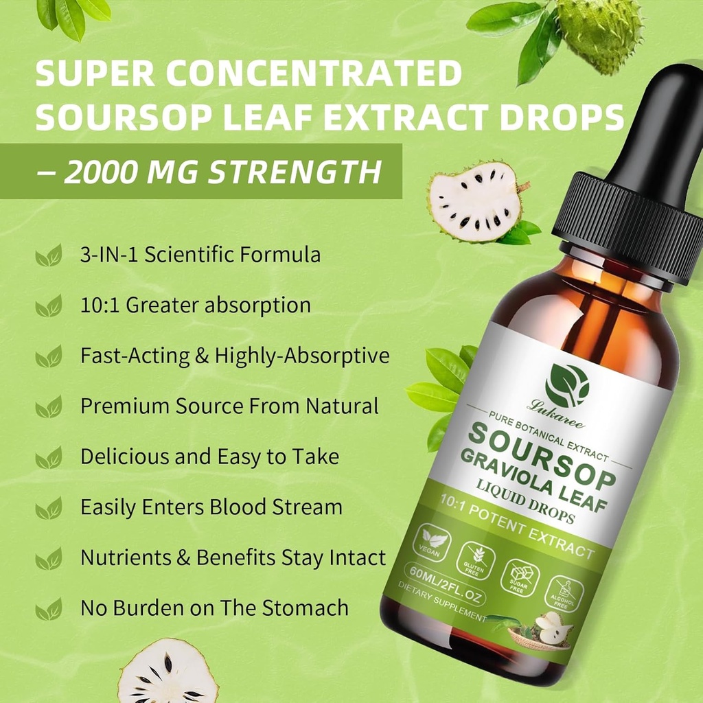 Nature Soursop Bitters Liquid, 1 Month Supply Graviola Oil for Cell Support & Regeneration, Antioxidant, Immune Boost, Digestive, Sugar-Free, Gluten-Free, Sour SOP Multivitamin Drops 2 FL OZ 6