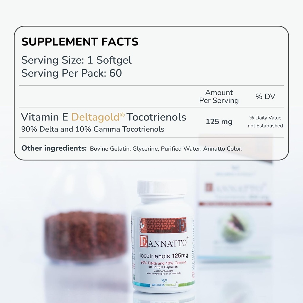 WELLNESS EXTRACT Eannatto Tocotrienols Vitamin E Supplements Tocopherol Free, Non-GMO, Gluten Free & Antioxidant 125MG 60 Softgels (Pack of 4) 4