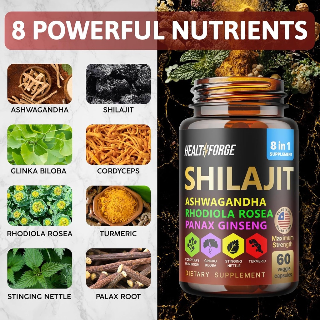 Shilajit, Ashwagandha Capsules & Sea Moss Capsules Black Seed Oil Capsules Ashwagandha, Turmeric - Shilajit for Woman Men Immune Support Rhodiola Rosea, Shilajit 60 Capsules & Sea Moss 60 Capsules Set 4