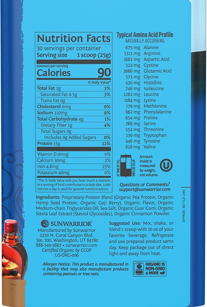 Sunwarrior Organic Plant Based Protein Powder | Vegan Organic Protein Powder Maple Flavored with BCAA Amino Acids & Hemp Seed Pea Blend | Non-GMO Soy Dairy Filler & Gluten Free (Maple, 30 Servings) 3