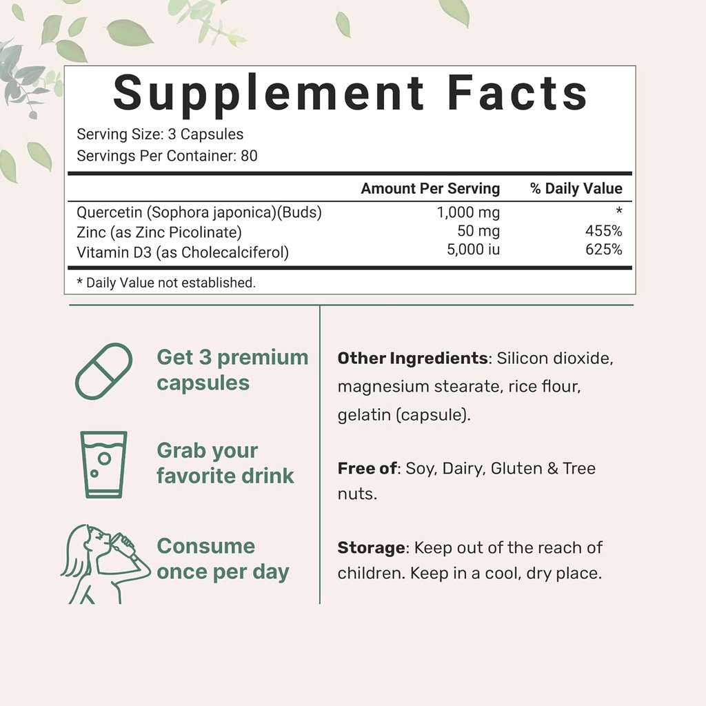 Quercetin Supplements with Zinc & Vitamin D3, 1,000mg Per Serving, 240 Capsules | 3 in 1 – Quercetin 1,000mg, Zinc Picolinate 50mg, & Vitamin D 5,000iu | Immune Support | Non-GMO 3