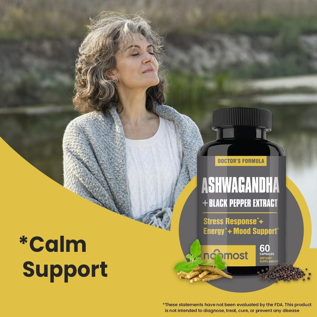 NooMost Ashwagandha Root Extract 15:1 with Black Pepper for Better Absorption - 60 Capsules - Natural Stress, Energy, Focus & Sleep Support - Adaptogen Supplement for Men & Women - Made in USA 4