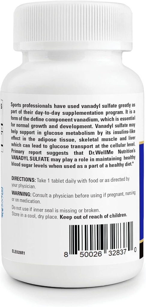 Dr. WellMe Vanadyl Sulfate 10mg – 100 Tablets Blood Sugar, Maintain Glucose & Metabolism – Non-GMO, Gluten-Free Supplement for Men & Women 4
