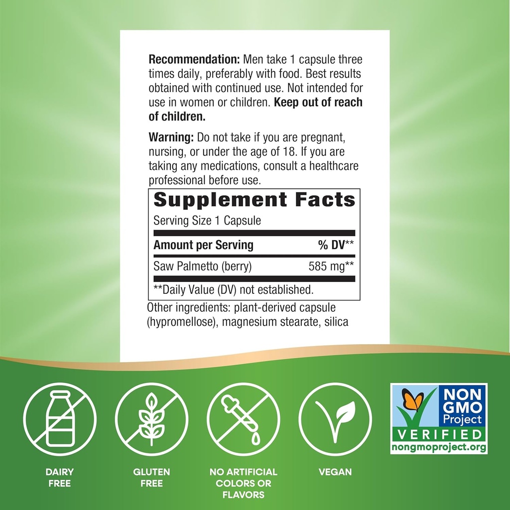 Nature's Way Saw Palmetto Berries, Traditional Prostate Support*, 585 mg per serving, Non-GMO Project Verified, Vegan, 100 Capsules (Packaging May Vary) 6