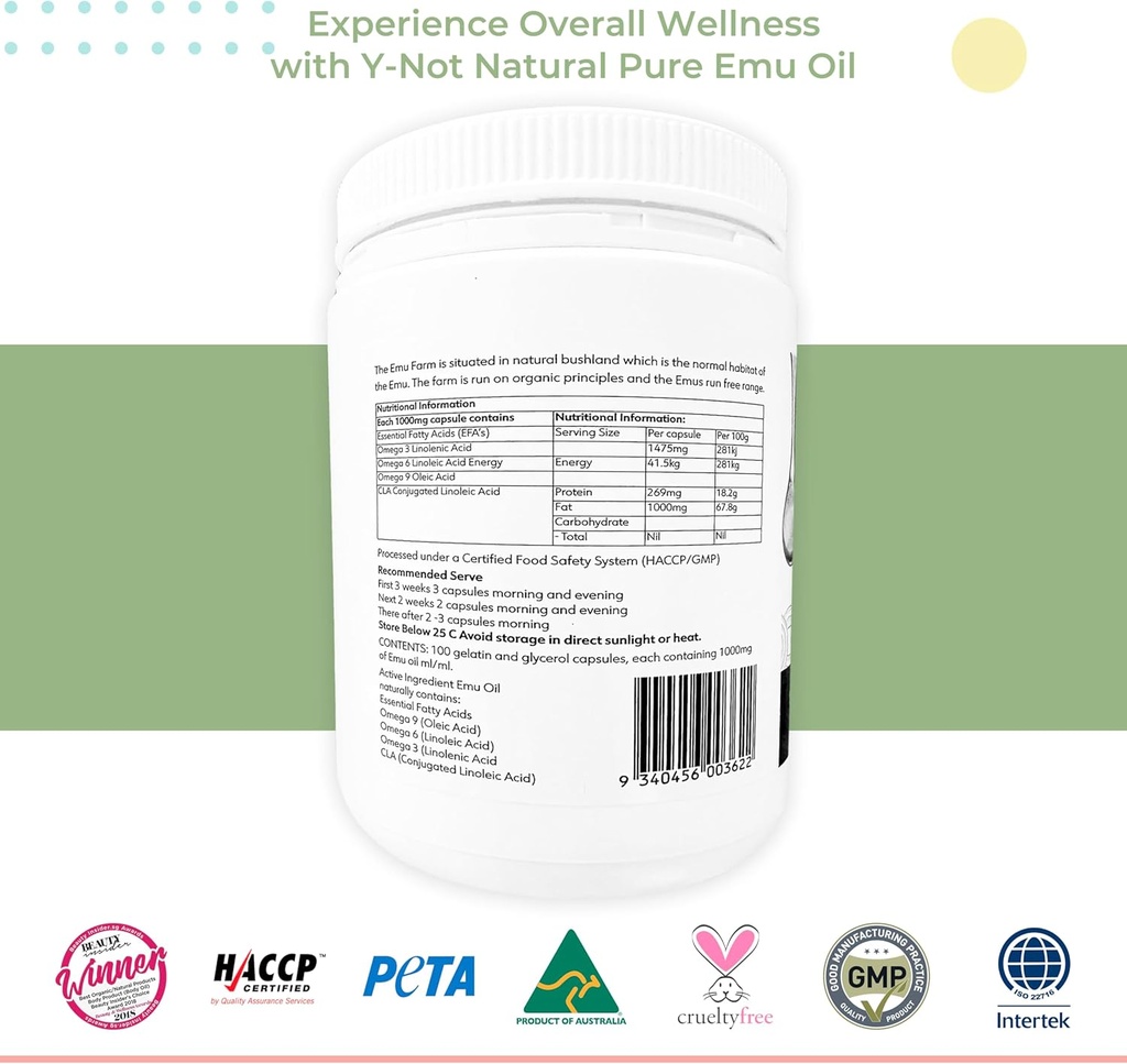 Emu Oil Capsules - Heart, Hair, Metabolism & Joint Support Supplement - Pharmaceutical Grade Emu Oil with CLA, Omegas 3, 6 & 9 with Vitamin K2, A & E by Y-Not Natural - 1000mg, 500 Capsules 6