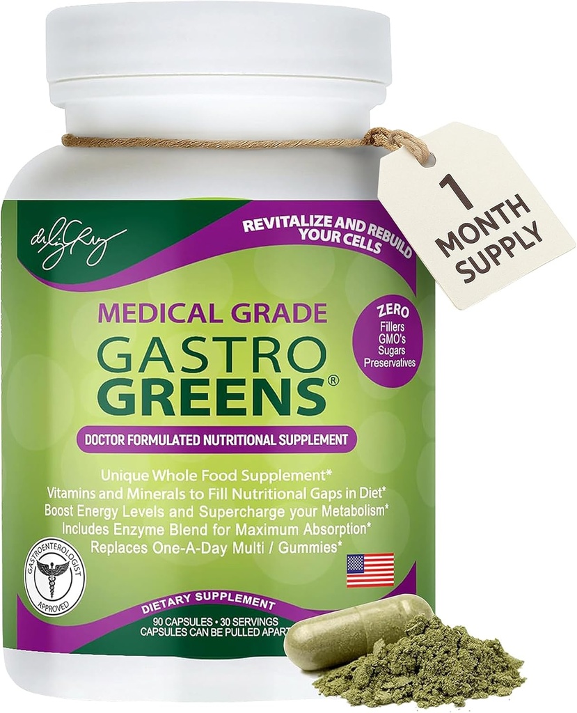 Dr. Liz Cruz Gastro Greens - Greens Supplement, Dietary Supplements with Herbs, Supplements for Women, Men, and Children, Non-GMO, Whole Food Based, 90 Veggie Capsules 2