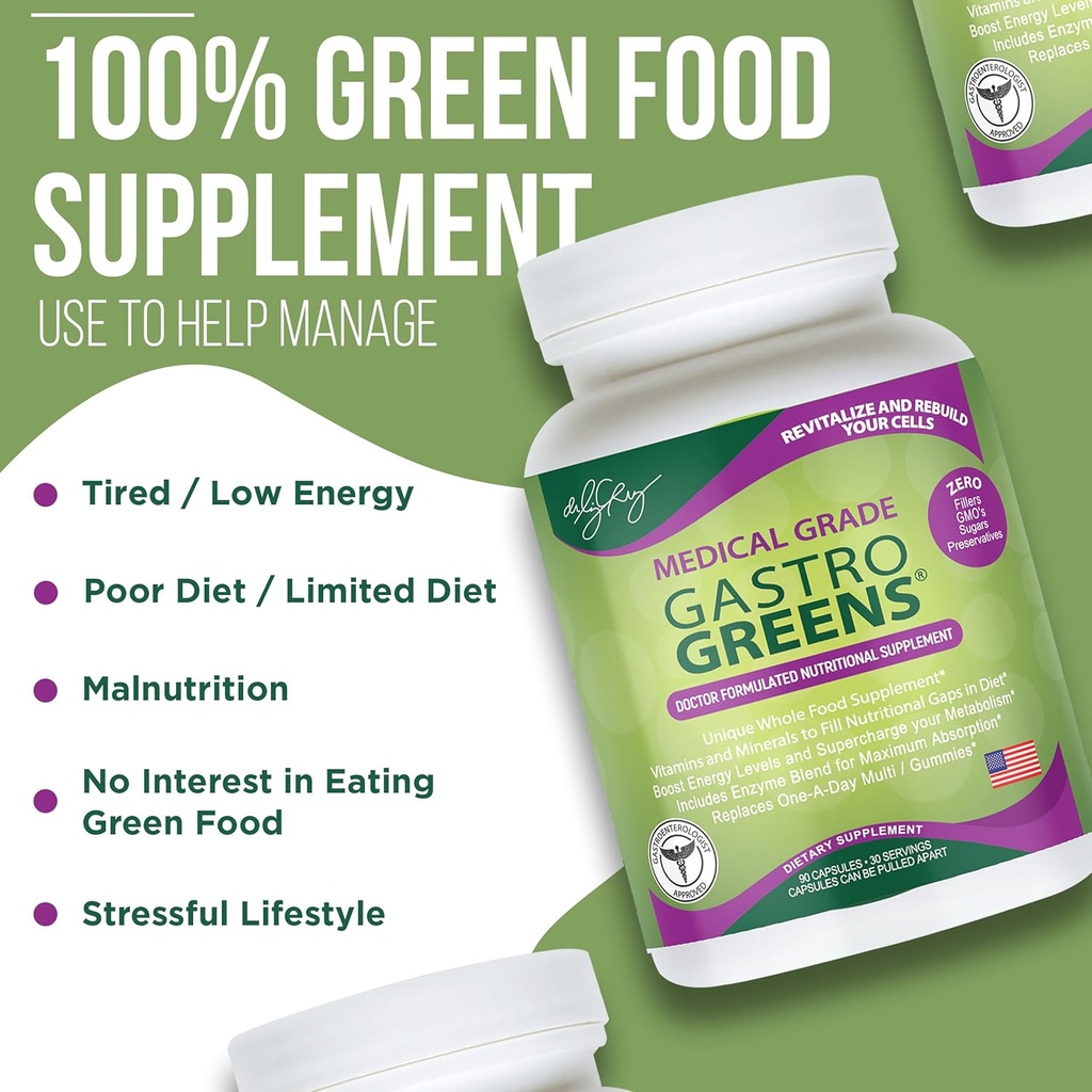 Dr. Liz Cruz Gastro Greens - Greens Supplement, Dietary Supplements with Herbs, Supplements for Women, Men, and Children, Non-GMO, Whole Food Based, 90 Veggie Capsules 4