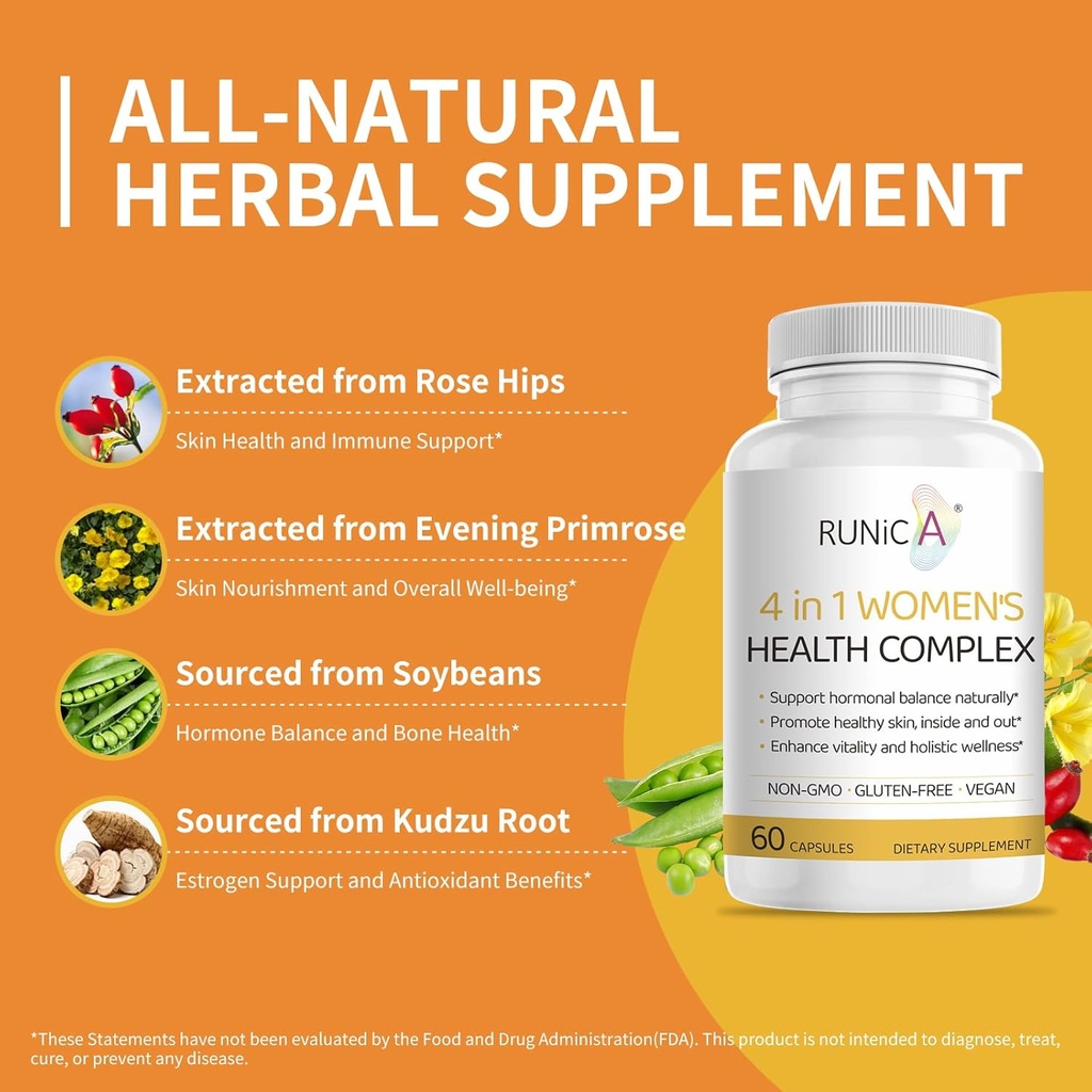 4-in-1 Women’s Hormonal Balance Complex | Rosehip, Pueraria & Evening Primrose with Soy Isoflavones | Menstrual Cycle, Menopause, Energy Level & Healthy Skin Support 180 Vegan Capsules 3