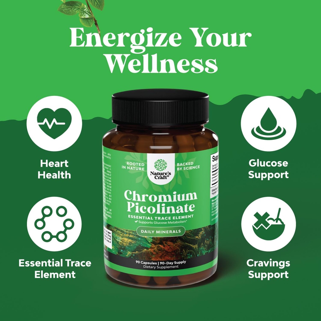 Chromium Picolinate 200mcg Mineral Supplements - Natural Chromium Supplement for Sugar Balance Muscle Growth Brain Booster Heart Health - Natural Pre Workout for Men and Women 5