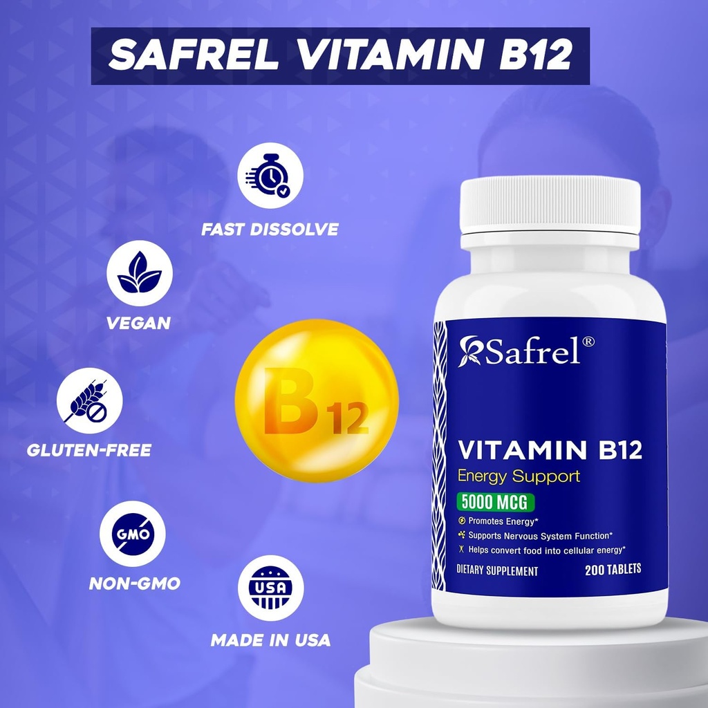 Safrel Vitamin B12 5000 mcg per Tablet, 200 Days Supply, Supplement for Energy, Metabolism and Nervous System Health Support, Vegan, Gluten Free and Dye Free | Made in USA 3