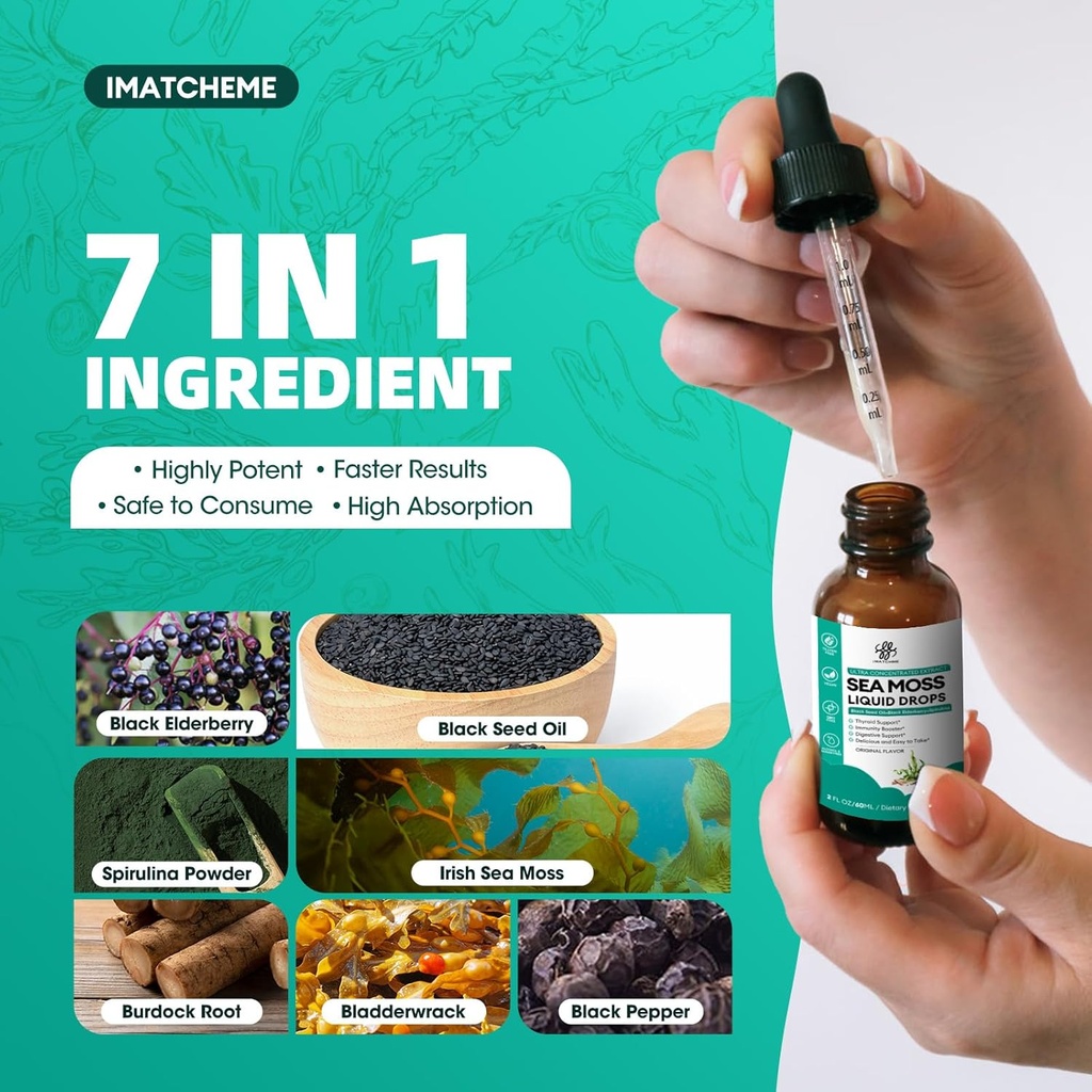 iMATCHME Sea Moss Black Seed Oil for Immune System, Gut, Skin & Energy, 7 in 1 Sea Moss Complex Liquid Drop with Spirulina, Black Elderberry, Burdock Root, Bladderwrack, Dragon Fruit Flavor, 2 Fl Oz 6
