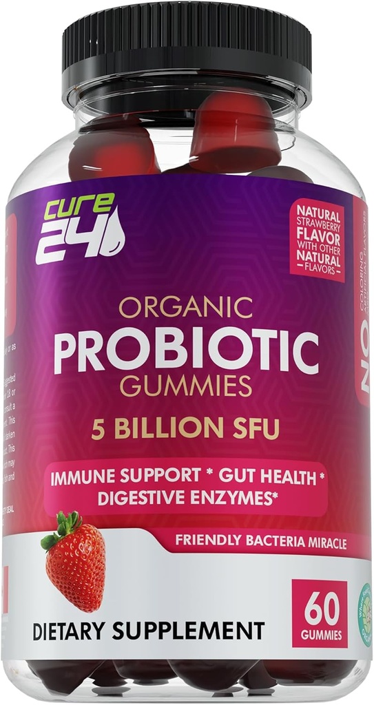 Organic probiotic Gummies 5 Billion CFUs, Max Strength Probiotics Gummy Supplement for Women and Men with Natural Strawberry Flavor 60 Gummies 2