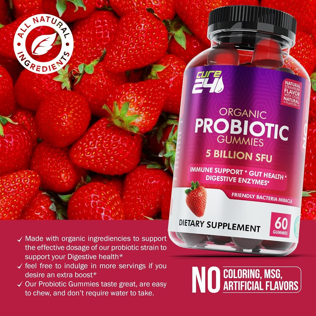 Organic probiotic Gummies 5 Billion CFUs, Max Strength Probiotics Gummy Supplement for Women and Men with Natural Strawberry Flavor 60 Gummies 3