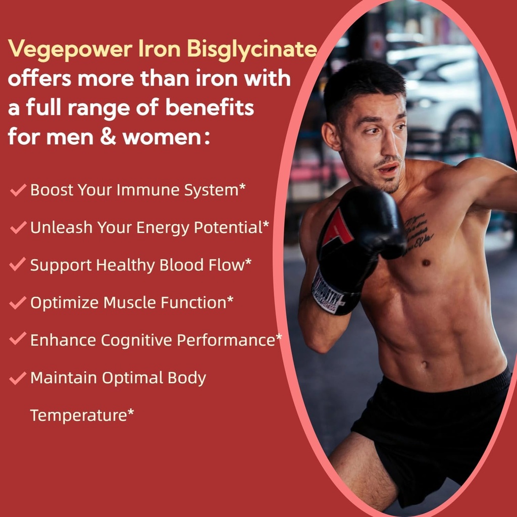 Iron Bisglycinate, 30mg Vegan Iron Supplement for Women & Men, Chelated with Vitamin C, B12, Folic Acid - Iron Pills for Anemia, High Absorption, Gluten-Free, Non-GMO - 60 Capsules 4