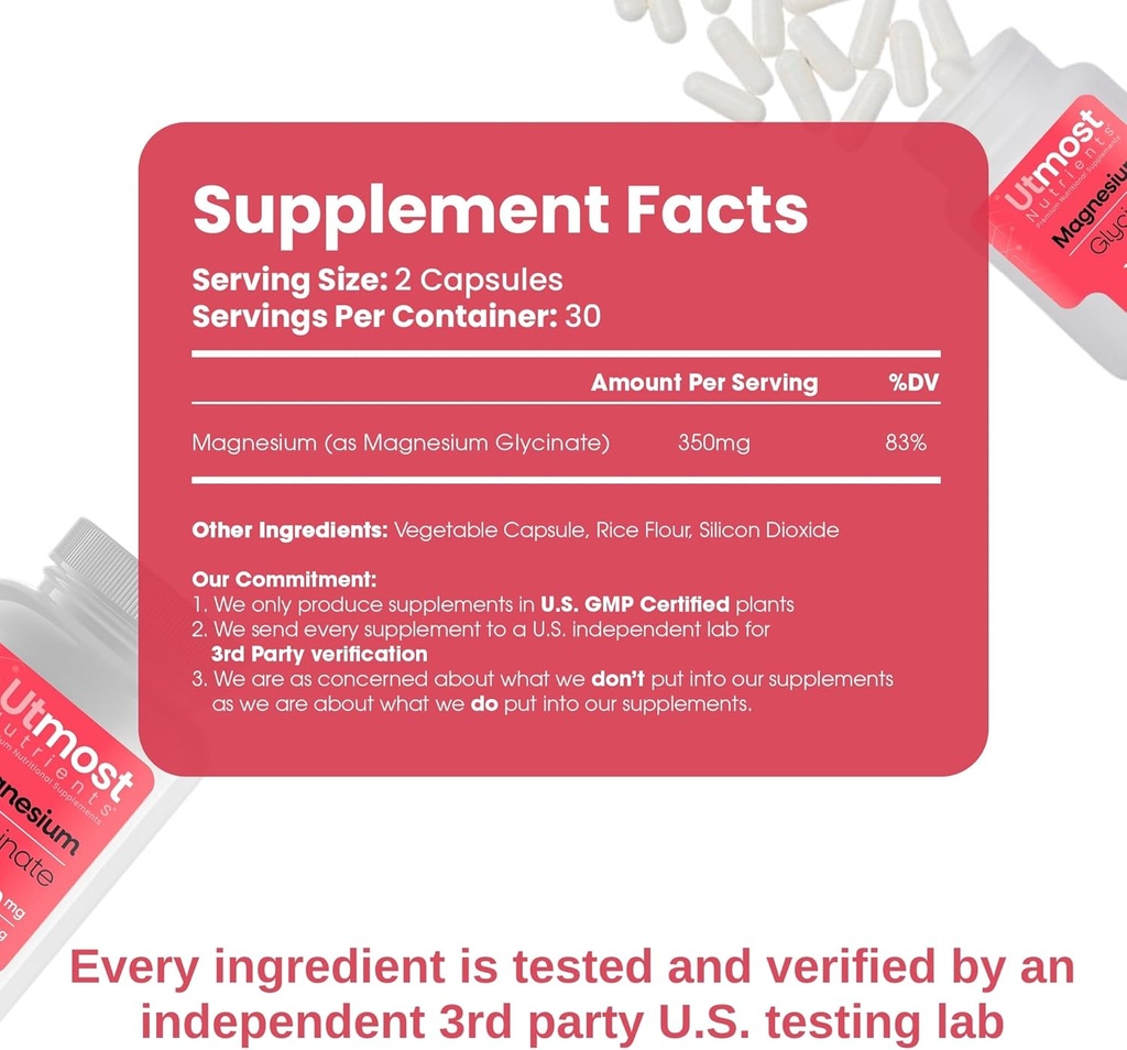 Magnesium Glycinate Supplement - Just 1 Capsule=175 MG of Absorbable Magnesium (350 MG in 2 Capsules) Non-GMO, Gluten-Free, Major-Allergen Free-Promotes Nighttime Calm & Muscle Wellness (60 Capsules) 3