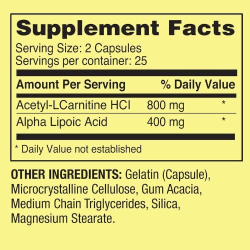 Generic Acetyl L-Carnitine HCI 400 mg + Alpha Lipoic Acid 200 mg Capsules Spring Valley, 50 Count + Sticker Dri Store 3