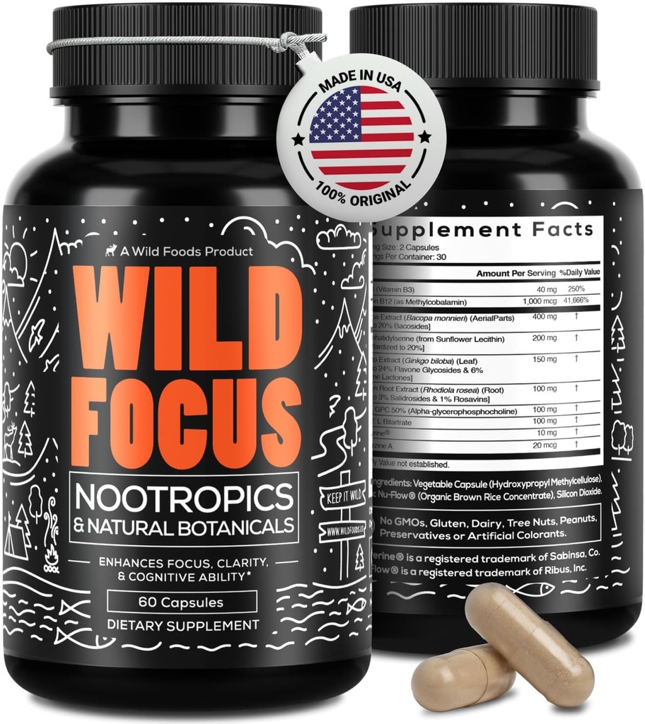 Wild Focus Brain Supplements | Caffeine-Free, Plant-Based Botanicals | Lions Mane, Ginkgo Biloba, Bacopa Monnieri, Lemon Balm | 100% Natural Nootropic | 60 caps 2