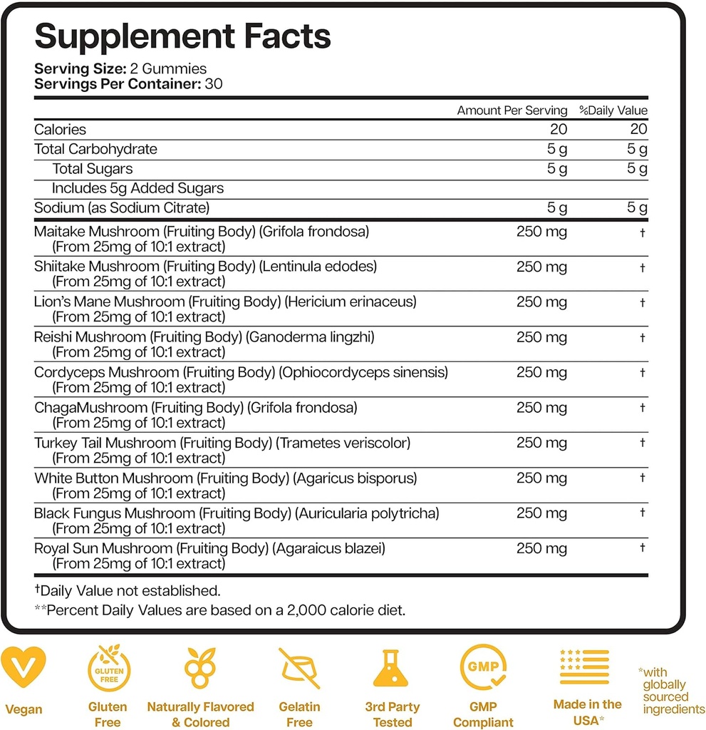 Nutriana Mushroom Gummies Supplement - Focus Gummies with Lions Mane, Shiitake, Turkey Tail, Chaga & Cordyceps - Brain Supplements for Memory and Focus - 60 Immune Support Gummies 3