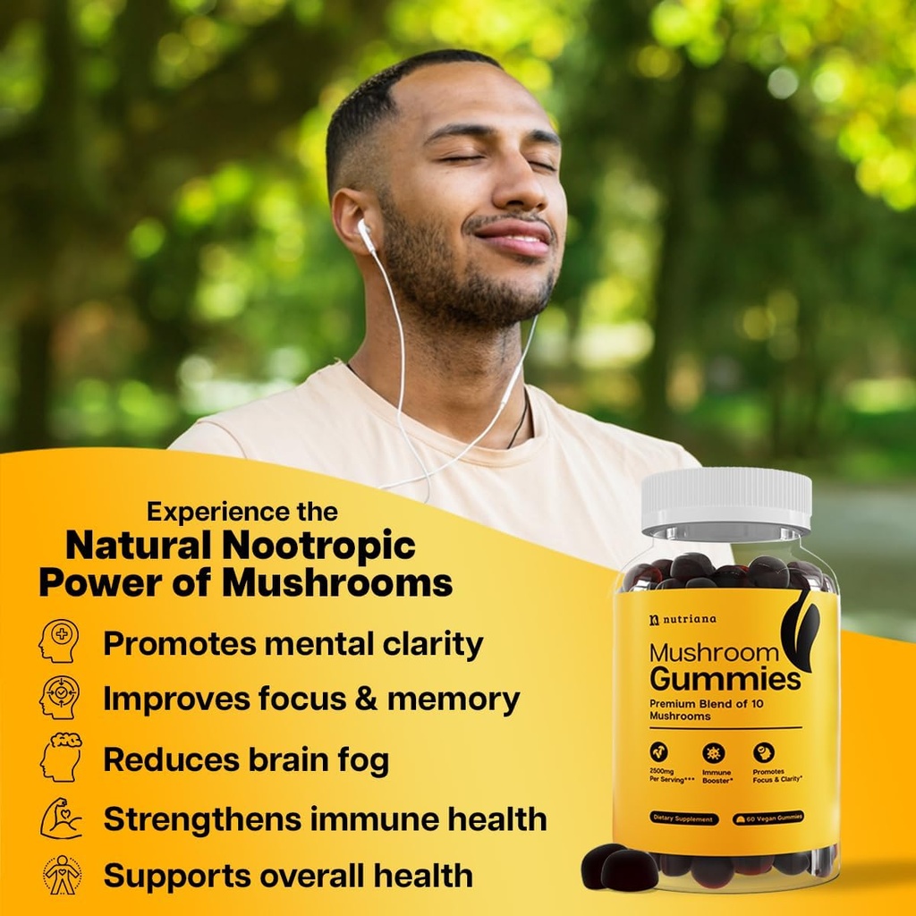 Nutriana Mushroom Gummies Supplement - Focus Gummies with Lions Mane, Shiitake, Turkey Tail, Chaga & Cordyceps - Brain Supplements for Memory and Focus - 60 Immune Support Gummies 6